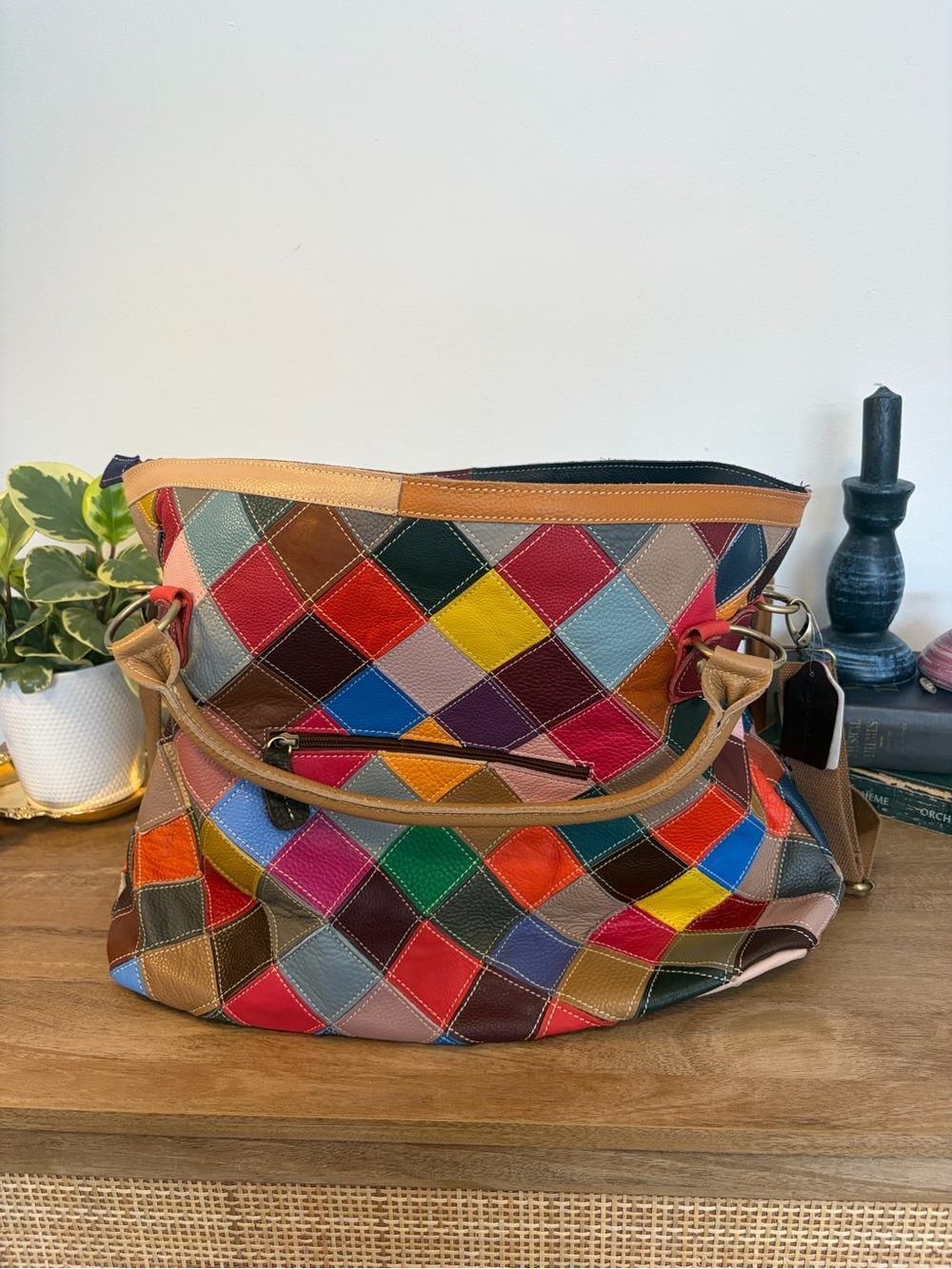 Genuine Leather Multicolor Patchwork Hobo Tote